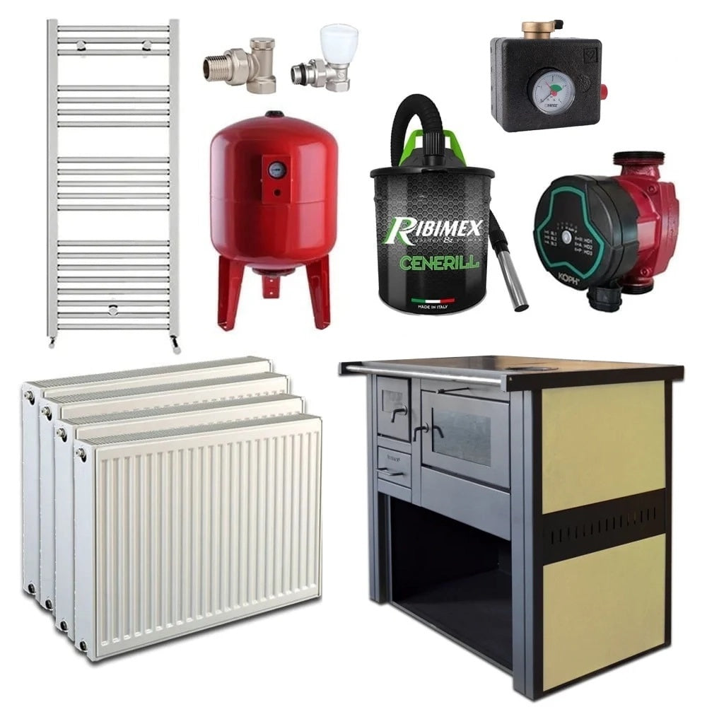 Pachet Termosoba pe lemn Termax Culina, 12.05 kW, evacuare pe dreapta, cuptor integrat, randament 85.29%, 80 m², Calorifere, Pompa Recirculare, Grup siguranta, Vas expansiune, Robineti tur/retur, Aspirator cenusa