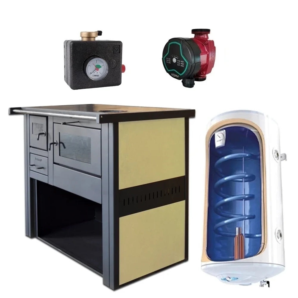 Pachet Termosoba pe lemn Termax Culina, 12.05 kW, evacuare pe dreapta, cuptor integrat, randament 85.29%, 80 m², Grup siguranta, Pompa recirculare si Boiler termoelectric Tesy 80 litri