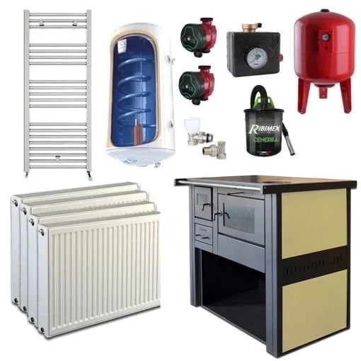 Pachet Termosoba pe lemn Termax Culina, 12.05 kW, evacuare pe dreapta, cuptor integrat, randament 85.29%, 80 m&sup2;, Calorifere, Pompe Recirculare, Grup siguranȓă, Vas expansiune, Robineȓi tur/retur, Aspirator cenușă, Boiler termoelectric Tesy 80 litri