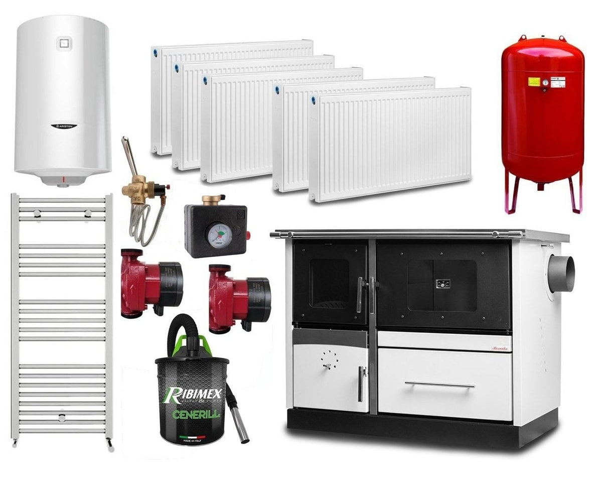 Pachet Termosoba pe lemn Termax Maria 25 kW din otel, evacuare pe stanga, Calorifere, Pompe Recirculare, Vas Expansiune, Boiler Termoelectric 100 litri