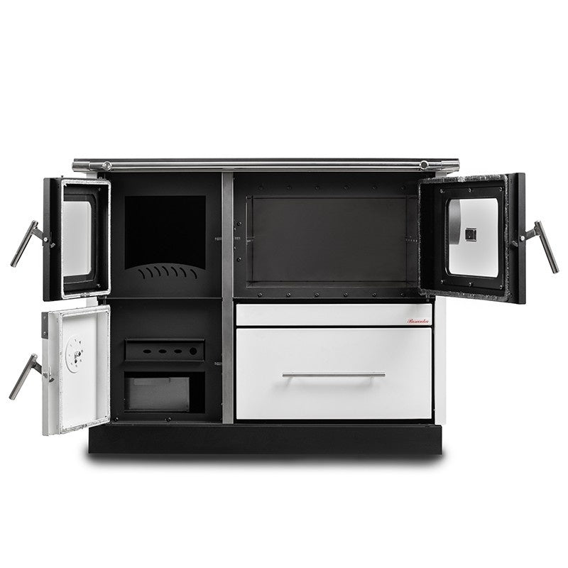 Pachet termosoba pe lemn Termax Maria 25 kW din otel, evacuare pe dreapta, cuptor, design modern si functional, 150 mp, Alb, Grup siguranta, Vas expansiune, Supapa termica si Pompa recirculare