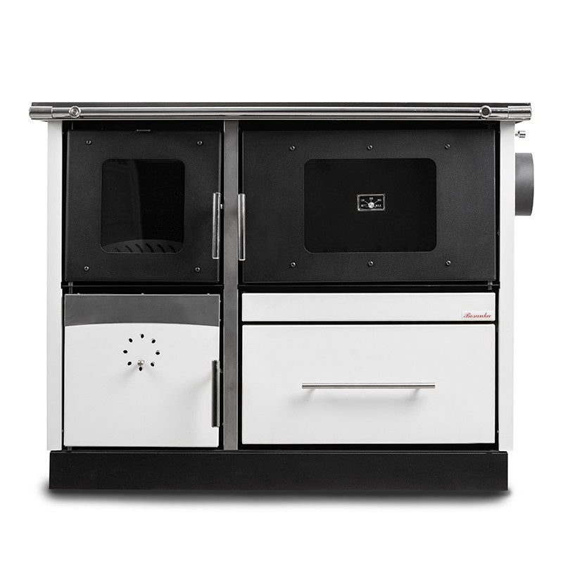 Pachet termosoba pe lemn Termax Maria 25 kW din otel, evacuare pe dreapta, cuptor, design modern si functional, 150 mp, Alb, Grup siguranta, Vas expansiune, Supapa termica si Pompa recirculare
