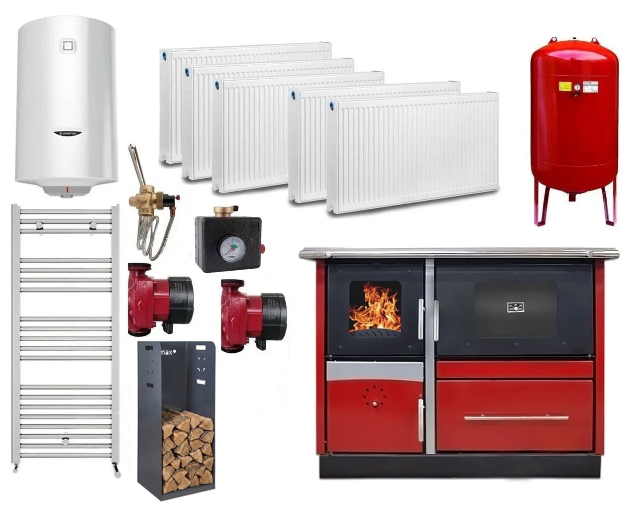 Pachet termosobă pe lemne Termax Maria 25 kW din oțel, evacuare pe dreapta, cuptor, design modern și funcțional, 150 mp, Bordo, Calorifere, Pompe Recirculare, Vas Expansiune, Boiler Termoelectric 100 litri