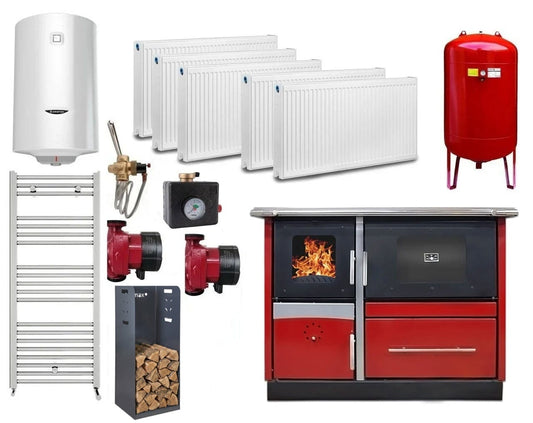 Pachet termosobă pe lemne Termax Maria 25 kW din oțel, evacuare pe dreapta, cuptor, design modern și funcțional, 150 mp, Bordo, Calorifere, Pompe Recirculare, Vas Expansiune, Boiler Termoelectric 100 litri