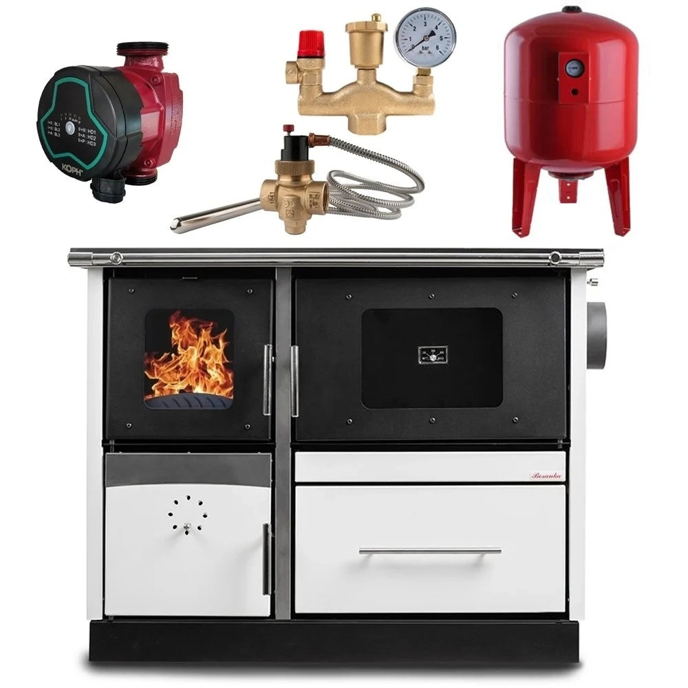Pachet termosoba pe lemn Termax Maria 25 kW din otel, evacuare pe dreapta, cuptor, design modern si functional, 150 mp, Alb, Grup siguranta, Vas expansiune, Supapa termica si Pompa recirculare