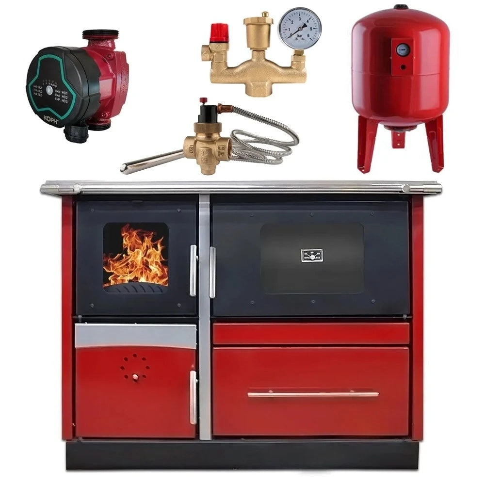 Pachet termosoba pe lemn Termax Maria 25 kW din otel, evacuare pe stanga, cuptor, design modern si functional, 150 mp, Bordo, Grup siguranta, Vas expansiune, Supapa termica si Pompa recirculare