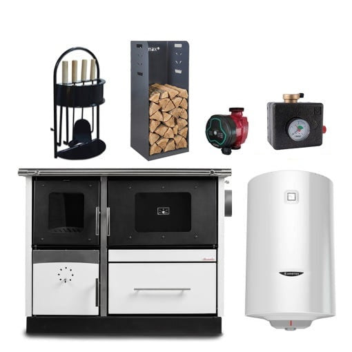 Pachet termosoba pe lemn Termax Maria 25 kW din otel, evacuare pe stanga, cuptor, 150 mp, Alb, pompa recirculare, grup siguranta, set accesorii si boiler termoelectric 100 litri