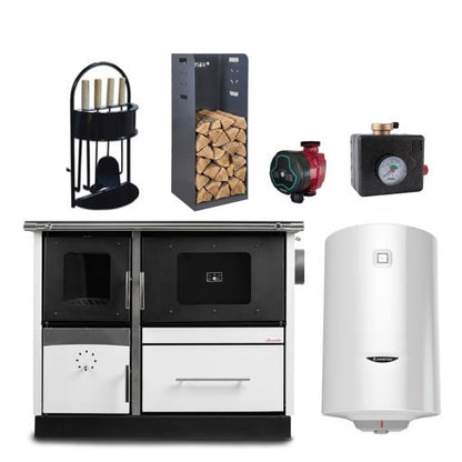 Pachet termosoba pe lemn Termax Maria 25 kW din otel, evacuare pe stanga, cuptor, 150 mp, Alb, pompa recirculare, grup siguranta, set accesorii si boiler termoelectric 100 litri