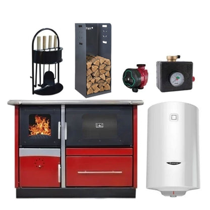 Pachet termosoba pe lemn Termax Maria 35 kW din otel, evacuare pe dreapta, cuptor, 230 mp, Bordo, pompa recirculare, grup siguranta, set accesorii, cutie depozitare lemn si boiler termoelectric 100 litri
