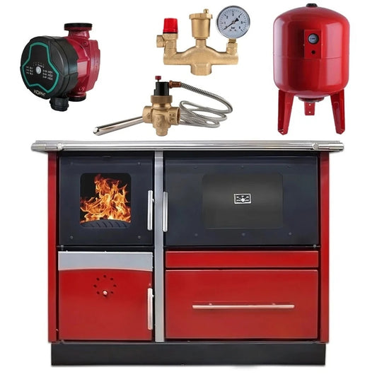 Pachet termosoba pe lemn Termax Maria 35 kW din otel, evacuare pe stanga, cuptor, design modern si functional, 230 mp, Bordo, Grup siguranta, Vas expansiune, Supapa termica si Pompa recirculare