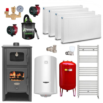 Pachet Termosoba pe lemn Termax Robot Special, 24.43 kW, cuptor integrat, randament 85.10%, 155 m², Negru, Calorifere, Pompe Recirculare, Grup siguranta, Vas expansiune, Robineti tur/retur, Aspirator cenusa si Boiler termoelectric Ariston 100 litri