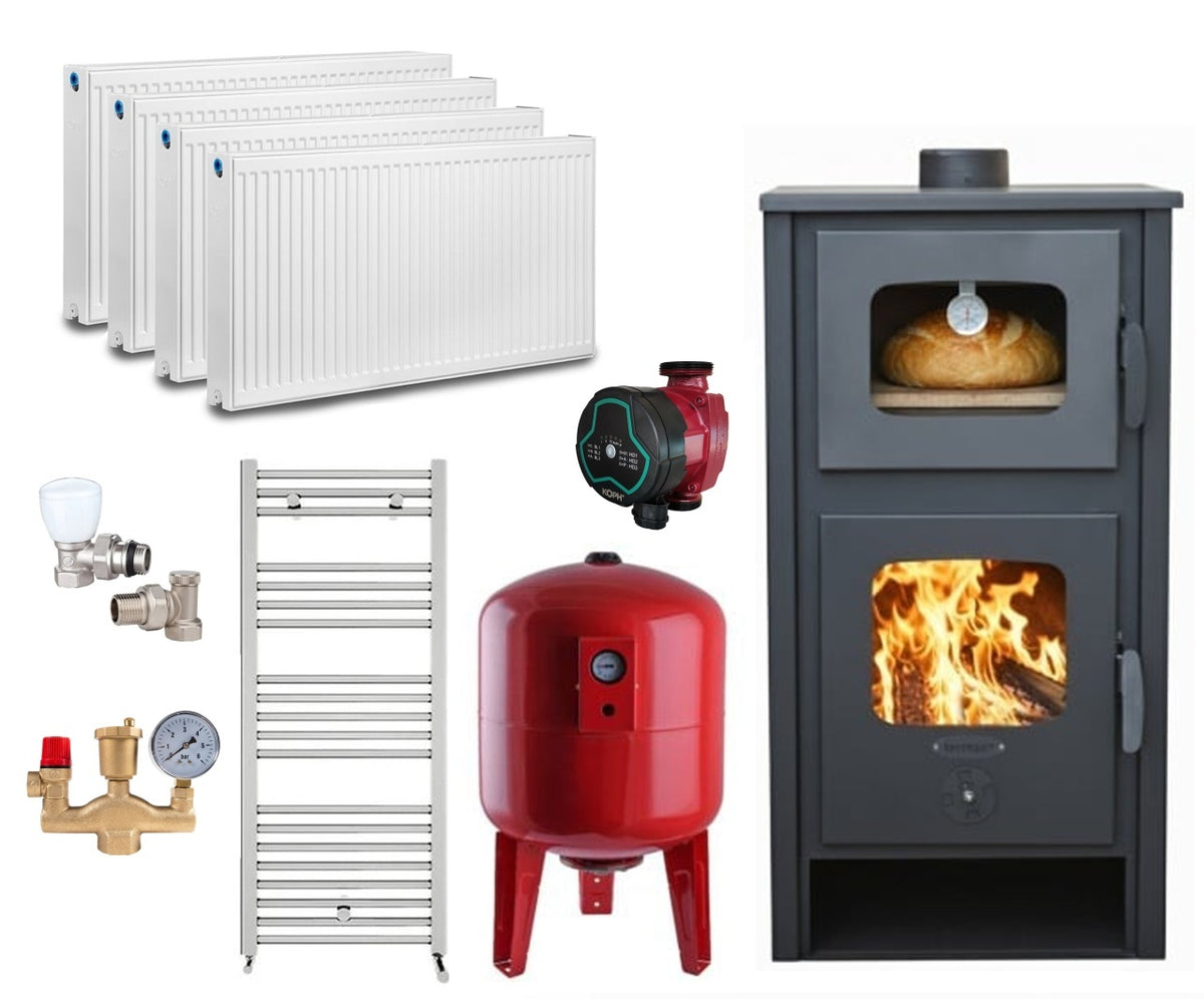 Pachet termosoba pe lemn Termax Robot Special, 24.43 kW, cuptor integrat, randament 85.10%, 155 m² + Calorifere si Robineti Tur/Retur + Pompa recirculare + Vas expansiune