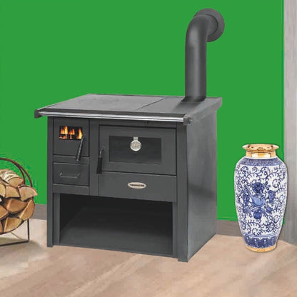 Pachet Termosoba pe lemn Termax Voinic, 12.05 kW, evacuare pe dreapta, cuptor integrat, randament 85.29%, 80 m², Antracit, Grup siguranta, Pompa recirculare si Boiler termoelectric Tesy 80 litri