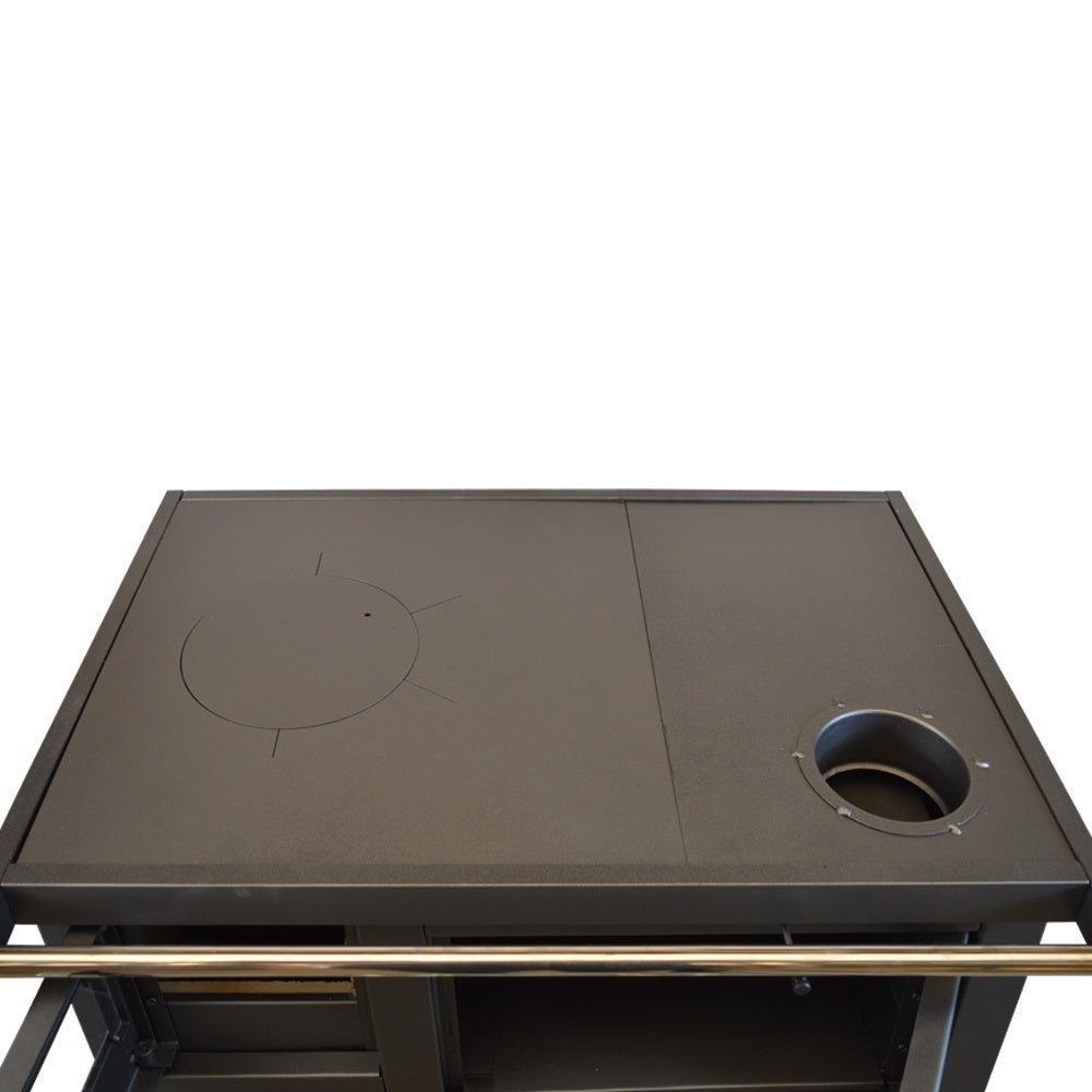 Pachet Termosoba pe lemn Termax Voinic, 12.05 kW, evacuare pe dreapta, cuptor integrat, randament 85.29%, 80 m², Antracit, Grup siguranta, Pompa recirculare si Boiler termoelectric Tesy 80 litri