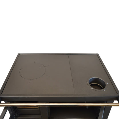 Pachet Termosoba pe lemn Termax Voinic, 12.05 kW, evacuare pe dreapta, cuptor integrat, randament 85.29%, 80 m², Antracit, Grup siguranta, Pompa recirculare si Boiler termoelectric Tesy 80 litri