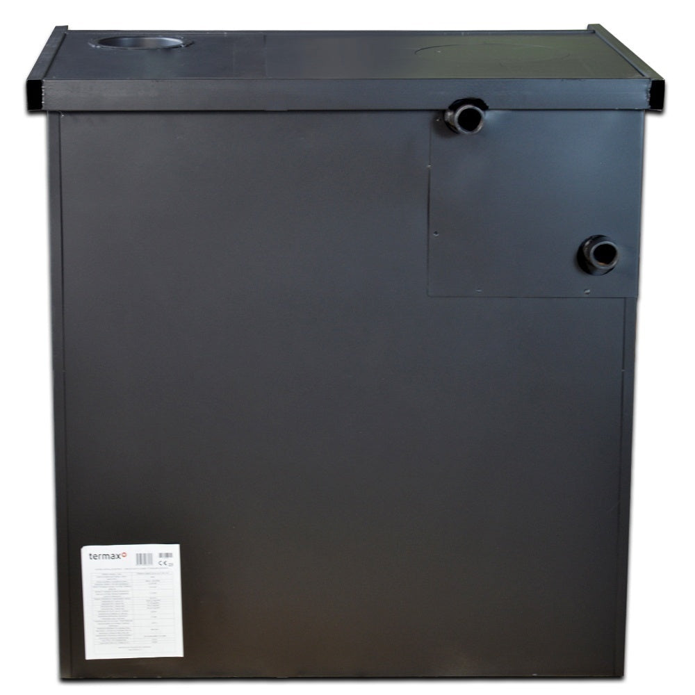 Pachet Termosoba pe lemn Termax Voinic, 12.05 kW, evacuare pe dreapta, cuptor integrat, randament 85.29%, 80 m², Antracit, Grup siguranta, Pompa recirculare si Boiler termoelectric Tesy 80 litri