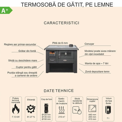Pachet Termosoba pe lemn Termax Voinic, 12.05 kW, evacuare pe dreapta, cuptor integrat, randament 85.29%, 80 m², Antracit, Grup siguranta, Pompa recirculare si Boiler termoelectric Tesy 80 litri