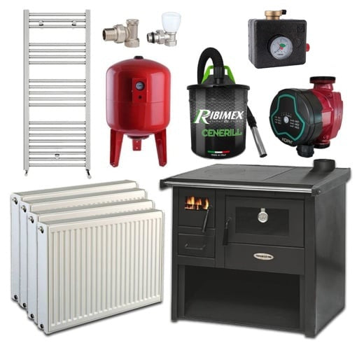Pachet Termosoba pe lemn Termax Voinic, 12.05 kW, evacuare pe dreapta, cuptor integrat, randament 85.29%, 80 m², Calorifere, Pompa Recirculare, Grup siguranta, Vas expansiune, Robineti tur/retur, Aspirator cenusa