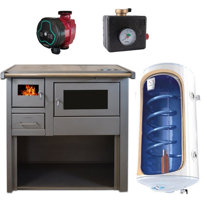 Pachet Termosoba pe lemn Termax Voinic, 12.05 kW, evacuare pe dreapta, cuptor integrat, randament 85.29%, 80 m², Antracit, Grup siguranta, Pompa recirculare si Boiler termoelectric Tesy 80 litri