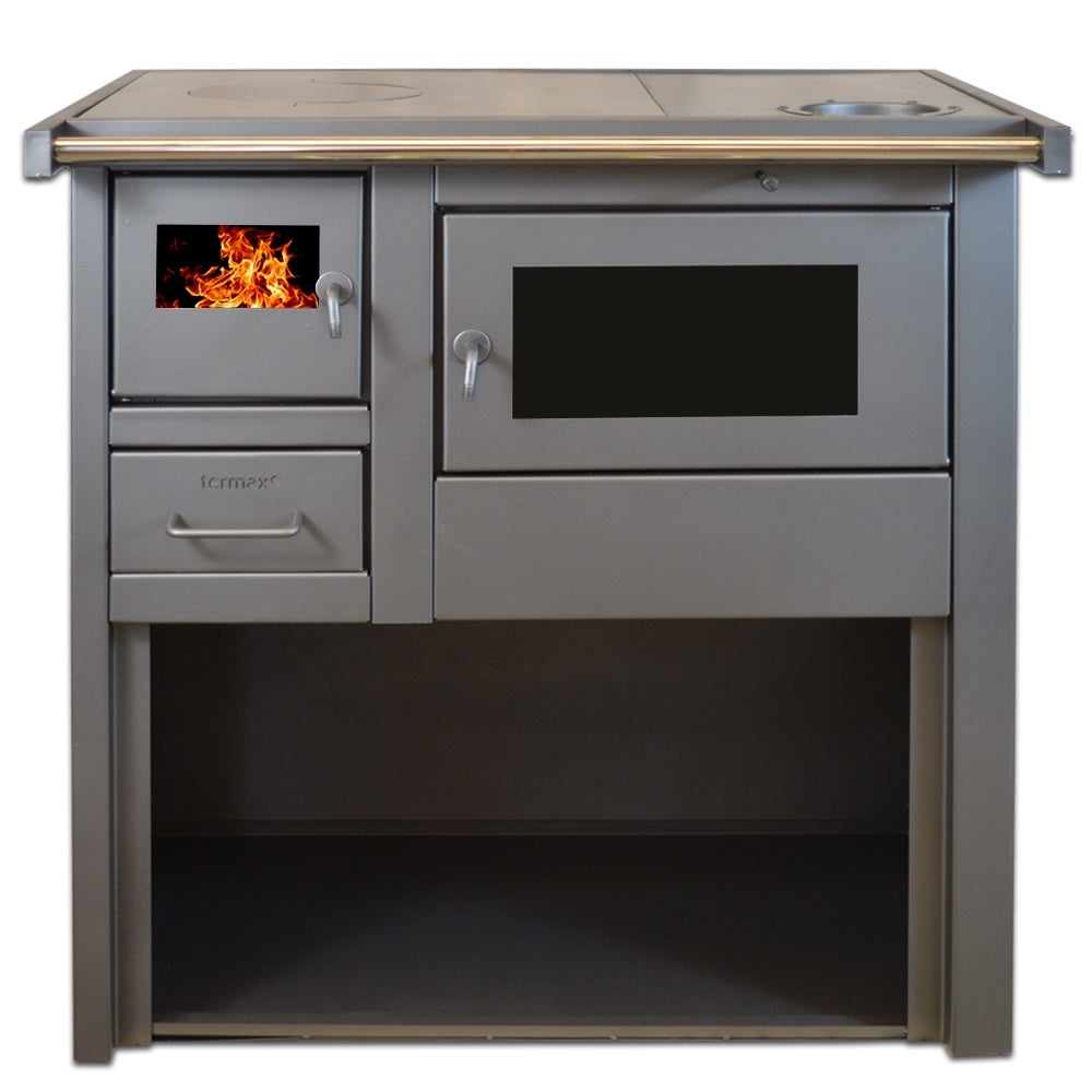 Pachet Termosoba pe lemn Termax Voinic, 12.05 kW, evacuare pe dreapta, cuptor integrat, randament 85.29%, 80 m², Antracit, Grup siguranta, Pompa recirculare si Boiler termoelectric Tesy 80 litri