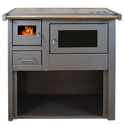 Pachet Termosoba pe lemn Termax Voinic, 12.05 kW, evacuare pe dreapta, cuptor integrat, randament 85.29%, 80 m², Antracit, Grup siguranta, Pompa recirculare si Boiler termoelectric Tesy 80 litri