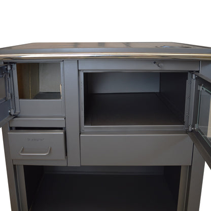 Pachet Termosoba pe lemn Termax Voinic, 12.05 kW, evacuare pe dreapta, cuptor integrat, randament 85.29%, 80 m², Antracit, Grup siguranta, Pompa recirculare si Boiler termoelectric Tesy 80 litri