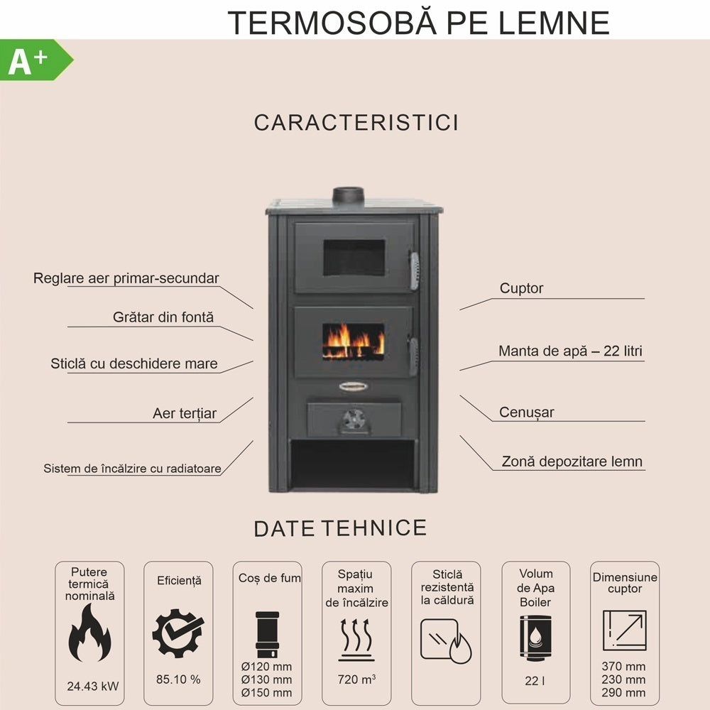 Pachet Termosoba pe lemn Termax Zorile, 24.43 kW, cuptor integrat, randament 85.10%, 155 m², Roșu, Grup siguranță, Pompă recirculare și Boiler termoelectric Ariston 100 litri