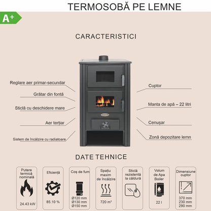 Pachet Termosoba pe lemn Termax Zorile, 24.43 kW, cuptor integrat, randament 85.10%, 155 m², Roșu, Grup siguranță, Pompă recirculare și Boiler termoelectric Ariston 100 litri