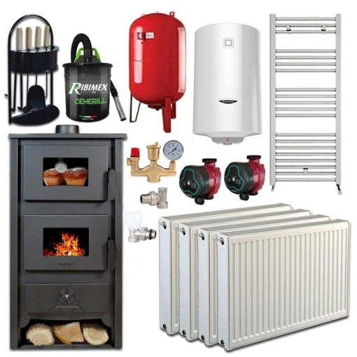 Pachet Termosoba pe lemn Termax Zorile, 24.43 kW, cuptor integrat, randament 85.10%, 155 m², Rosu, Calorifere, Pompe Recirculare, Vas expansiune, Robineti tur/retur, Boiler termoelectric 100 litri si set accesorii