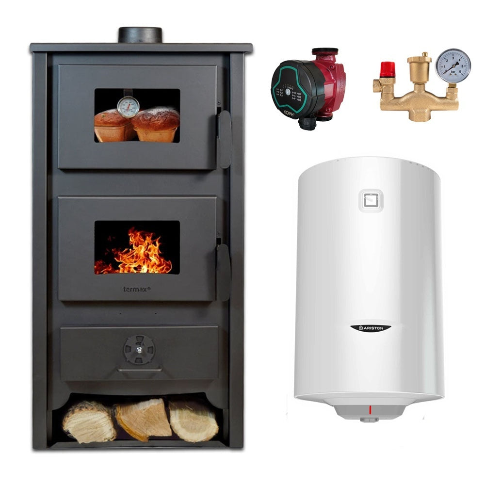 Pachet Termosoba pe lemn Termax Zorile, 24.43 kW, cuptor integrat, randament 85.10%, 155 m², Roșu, Grup siguranță, Pompă recirculare și Boiler termoelectric Ariston 100 litri