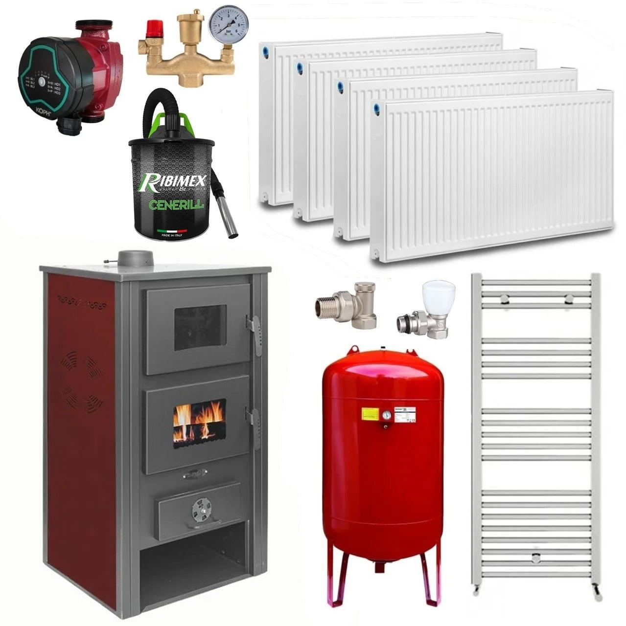 Pachet termosoba pe lemn Termax Zorile, 24.43 kW, cuptor integrat, randament 85.10%, 155 m², Calorifere, Pompa Recirculare, Vas expansiune, Robineti tur/retur, Aspirator cenusa