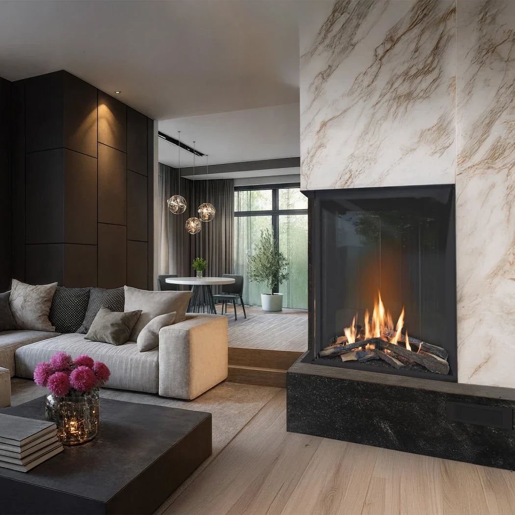 Șemineu pe colt Vitro Left – Șemineu pe bioetanol închis cu sticlă și tehnologie BEV®