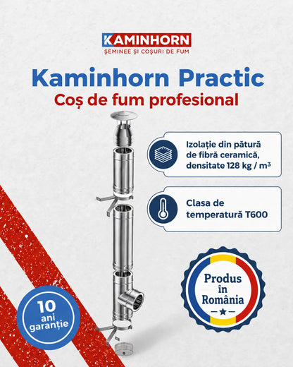 Coș de fum profesional dublu perete- Practic INOX – Înălțime 5m, diametru interior 180 mm, racord 90, suspendat