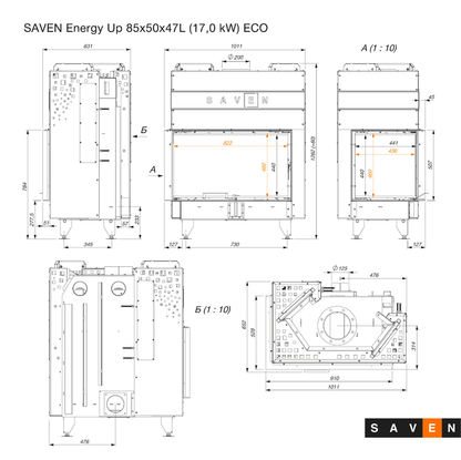 Șemineu SAVEN Energy Up 85х50х47L (17,0 kW) ECO Ghilotină – Sticlă laterală stânga