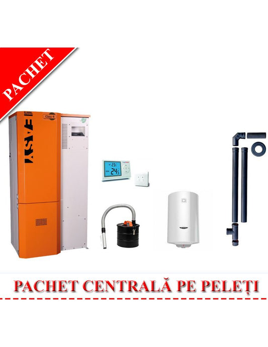 Slimpel Easy 25kW Pellet Boiler Heating System with Thermostat, Flue Kit, Hot Water Tank, and Ash Vacuum
