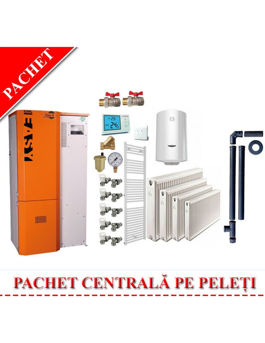 Slimpel Easy 25kW Pellet Boiler Heating System Package with Thermostat, Valves, Boiler, Flue, and Radiators