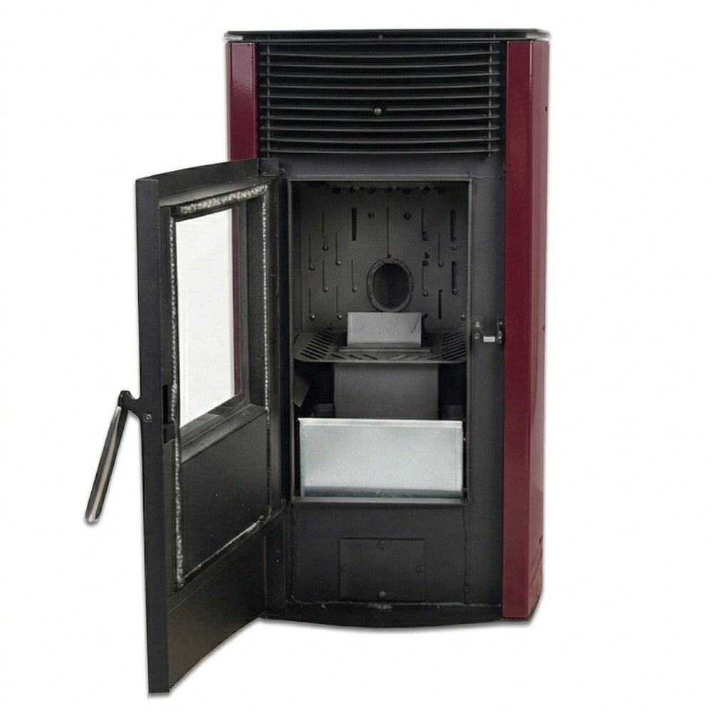 Soba pe peleti KOPH PD 10 kW cu aer cald, capacitate buncar 12 kg, pentru suprafete de pana la 60 mp, culoare Bordo