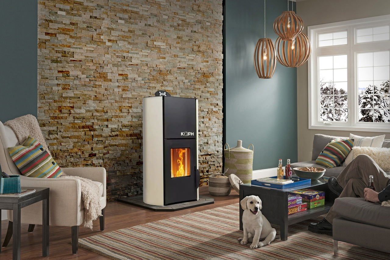 Termosemineu cu peleti KOPH PM 18 kW, 120 mp, buncar 15 kg, diametru cos fum 80 mm, cu pompa recirculare si vas expansiune, Culoare Crem