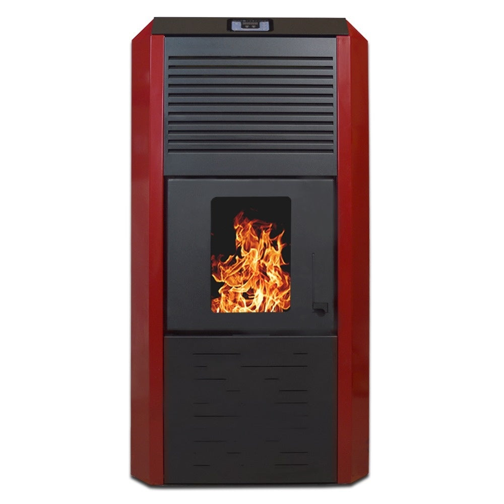 Termosemineu cu peleti Termax Kamin ECO 30 kW pentru incalzire centralizata, suprafata 220 mp, buncar 55 kg, echipat cu pompa si vas expansiune, Culoare Bordo