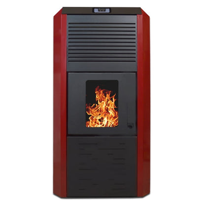 Termosemineu cu peleti Termax Kamin ECO 30 kW pentru incalzire centralizata, suprafata 220 mp, buncar 55 kg, echipat cu pompa si vas expansiune, Culoare Bordo