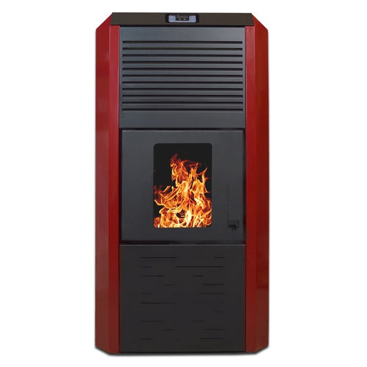 Termosemineu cu peleti Termax Kamin ECO 30 kW pentru incalzire centralizata, suprafata 220 mp, buncar 55 kg, echipat cu pompa si vas expansiune, Culoare Bordo