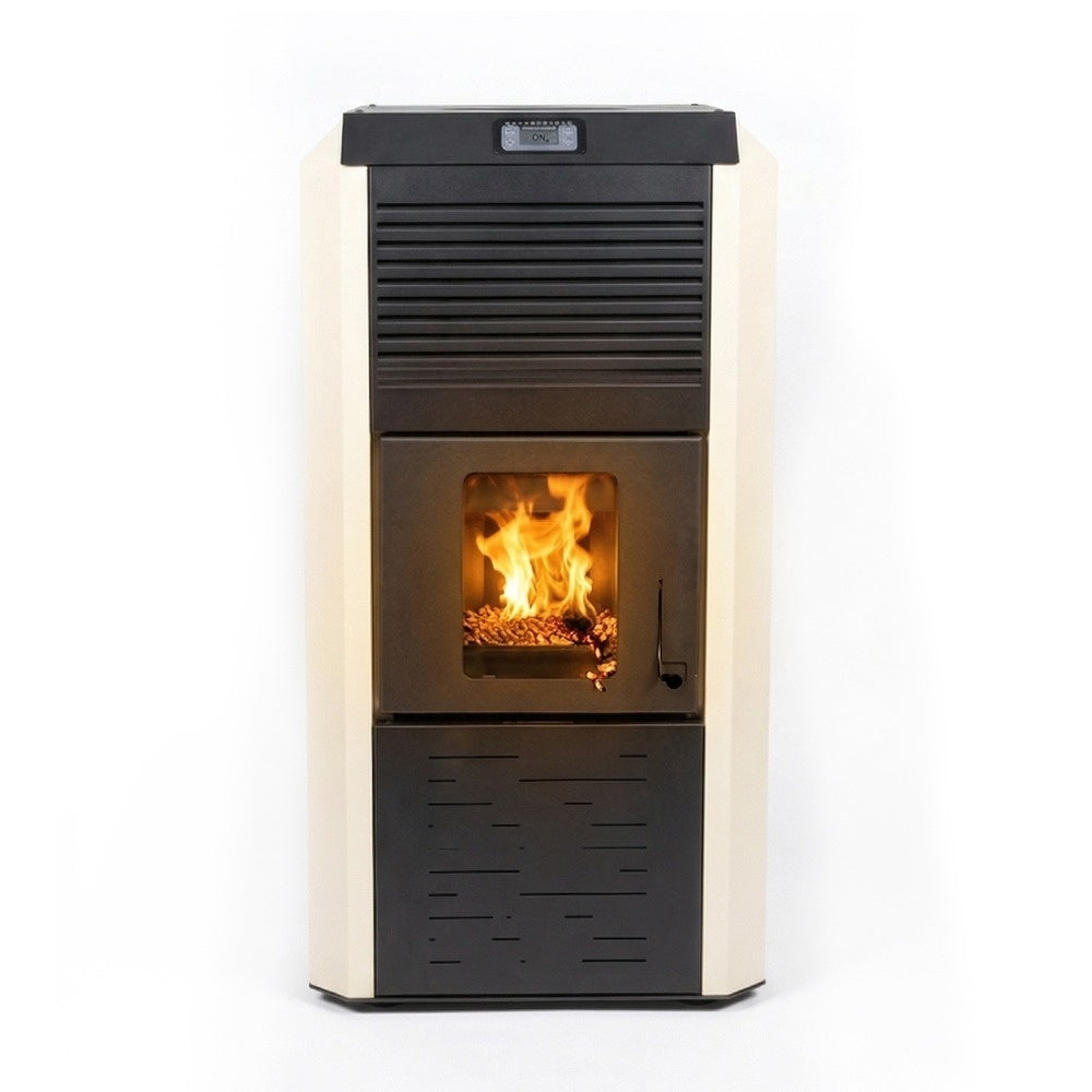 Termosemineu cu peleti Termax Kamin ECO, 30 kW, 220 mp, buncar peleti 55 kg, volum apa 49 litri, diametru cos fum 80 mm, vas expansiune si pompa recirculare incluse, Crem