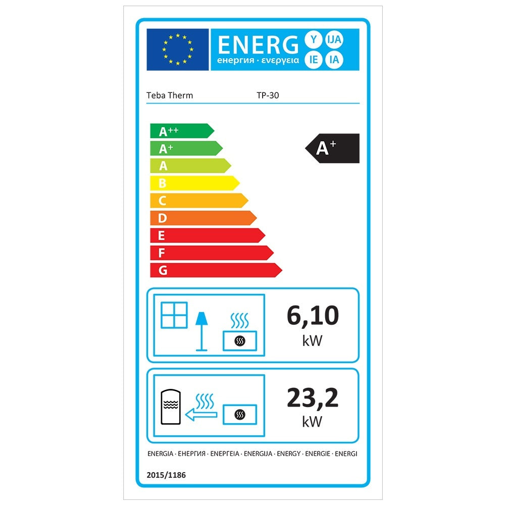 Termosemineu pe lemn/peleti TEBA TP-30, 30 kW, randament 92%, buncar peleti 25 kg, diametru cos fum 100 mm, 1002 x 900 x 540 mm