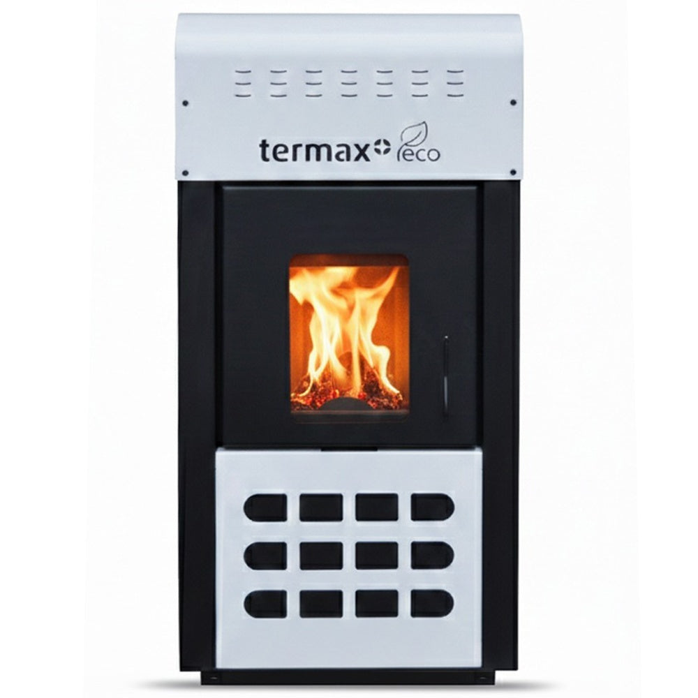 Termosemineu pe peleti Termax Kamin ECO, 25 kW, 160 mp, buncar peleti 45 kg, volum apa 42 litri, diametru cos fum 80 mm, vas expansiune si pompa recirculare incluse, Alb