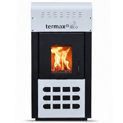 Termosemineu pe peleti Termax Kamin ECO, 25 kW, 160 mp, buncar peleti 45 kg, volum apa 42 litri, diametru cos fum 80 mm, vas expansiune si pompa recirculare incluse, Alb