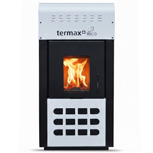 Termosemineu pe peleti Termax Kamin ECO, 25 kW, 160 mp, buncar peleti 45 kg, volum apa 42 litri, diametru cos fum 80 mm, vas expansiune si pompa recirculare incluse, Alb