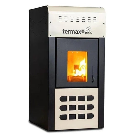 Termosemineu pe peleti Termax Kamin ECO 25 kW pentru incalzire centralizata, 160 mp, 45 kg buncar, Crem