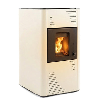 Termosemineu pe peleti Termax Kamin PM 15 kW pentru incalzire centrala, capacitate 120 mp, buncar 30 kg, Crem