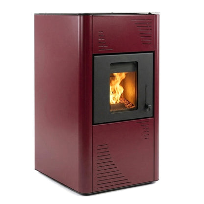 Termosemineu pe peleti Termax Kamin PM 15 kW pentru incalzire centrala, capacitate 120 mp, buncar 30 kg, echipat cu pompa si vas expansiune, Culoare Bordo