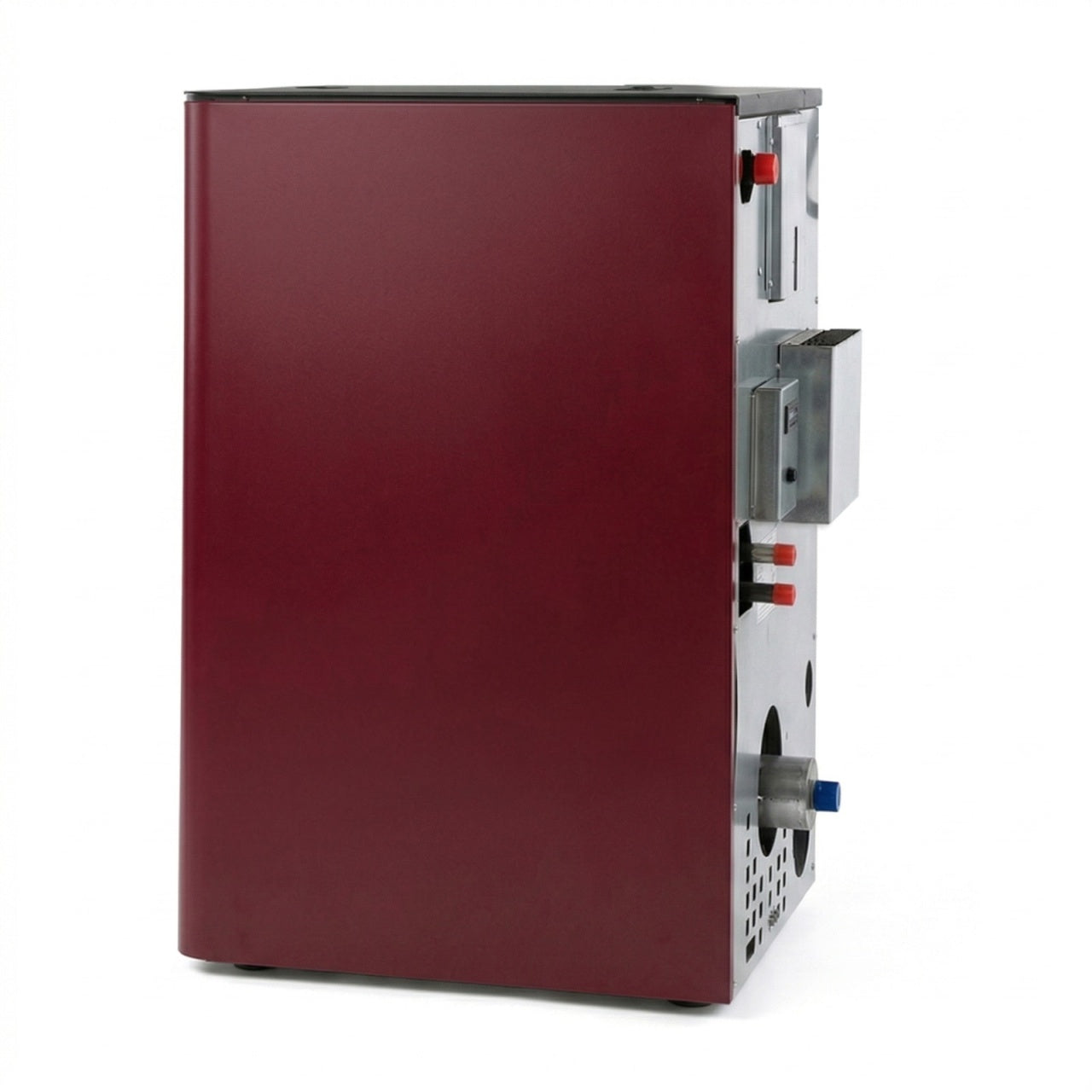 Termosemineu pe peleti Termax Kamin PM 15 kW pentru incalzire centrala, capacitate 120 mp, buncar 30 kg, echipat cu pompa si vas expansiune, Culoare Bordo